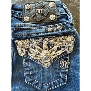 Miss Me Girl's Size 7 Denim Bermuda Blue Jean Shorts Rhinestone Bling Trendy